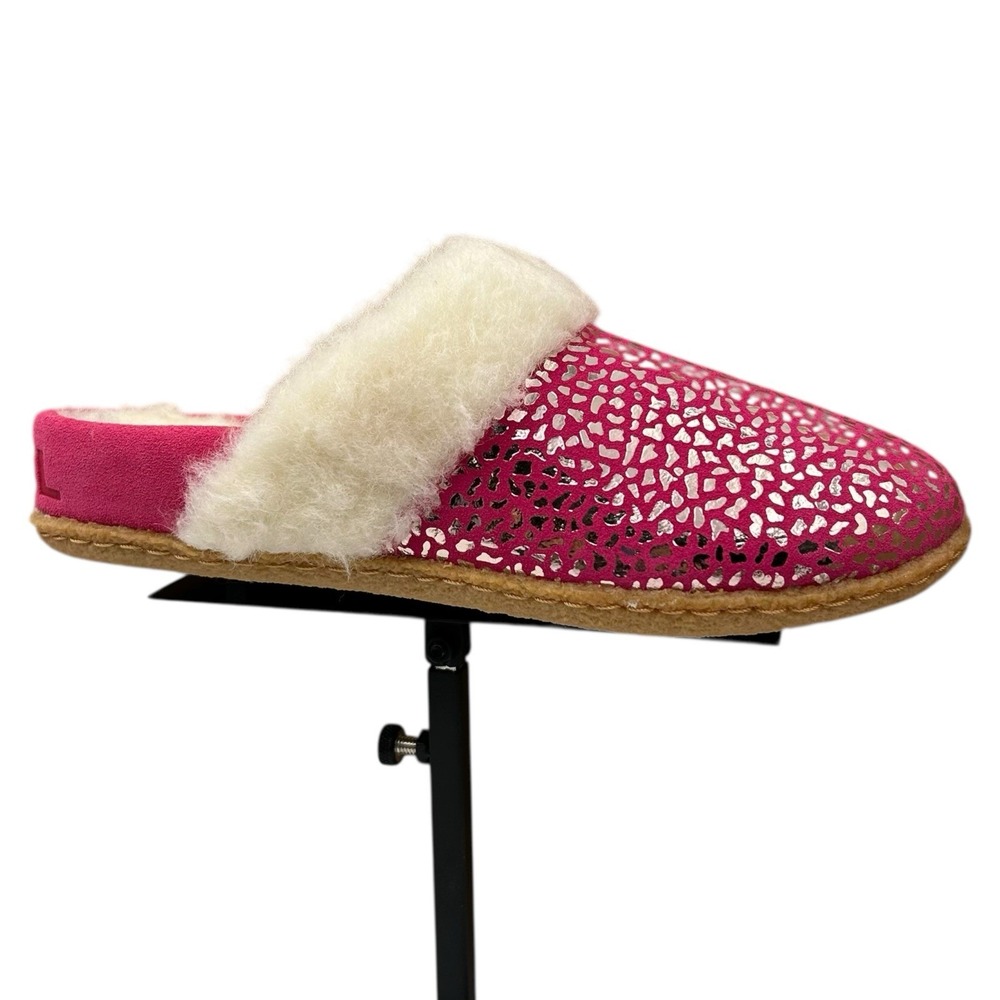 SOREL Nakiska Youth Girls Faux Fur Slippers Size 6 Pink - Silver Animal Print